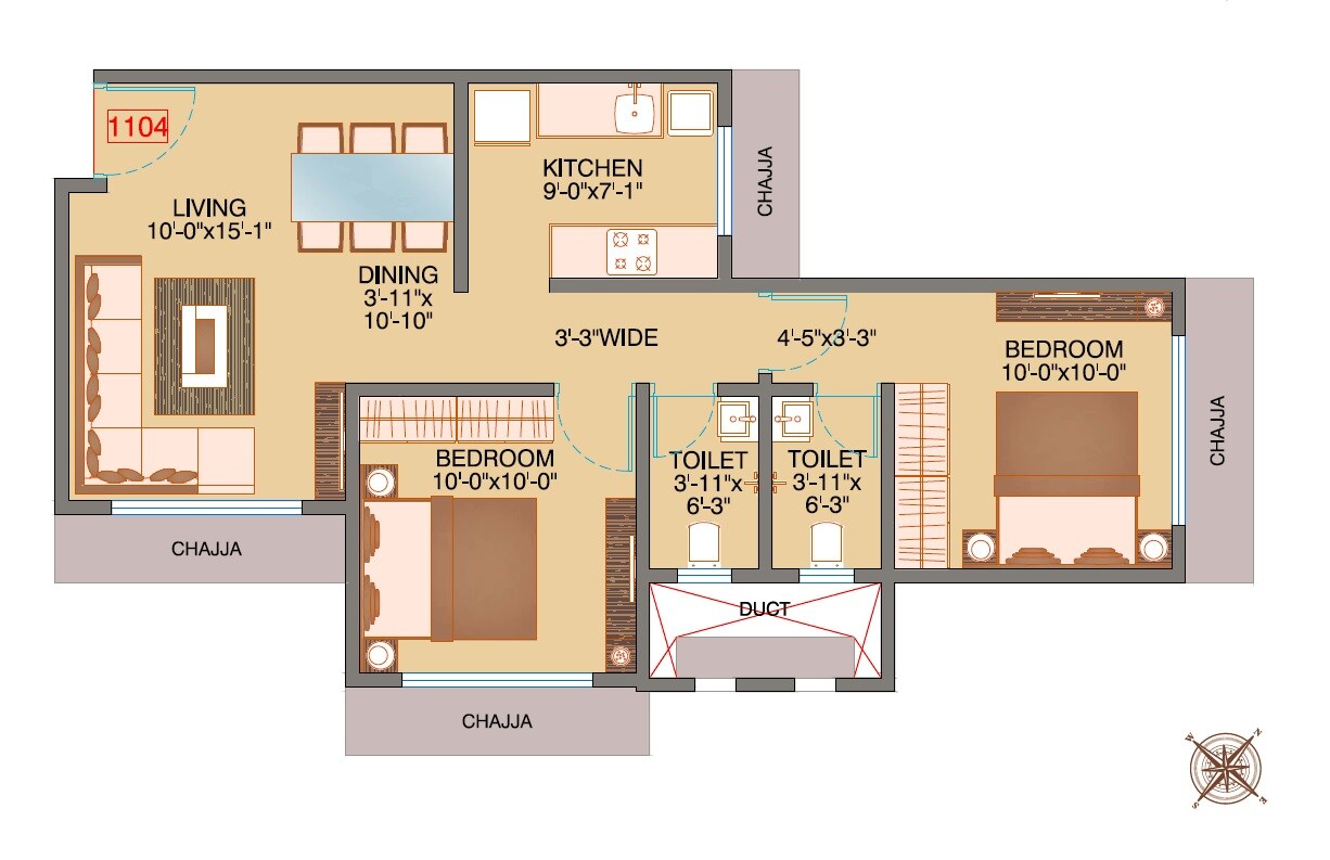 Floor plan of 2 BHK 582 Sq. Ft. Apartment in Bhoomi New Vandana CHSL, Mumbai