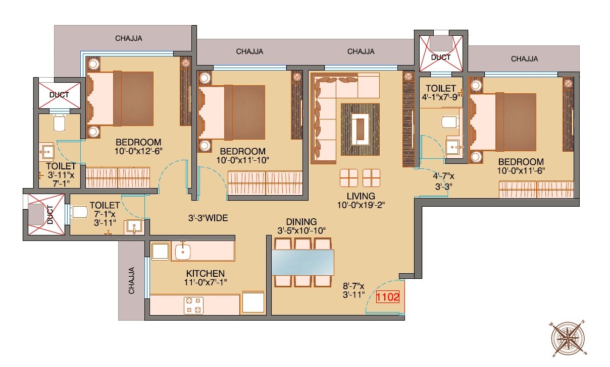 Floor plan of 3 BHK 890 Sq. Ft. Apartment in Bhoomi New Vandana CHSL, Mumbai