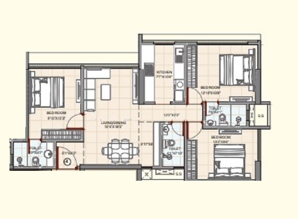 Floor plan of 3 BHK 1068 Sq. Ft. Apartment in Bhoomi Pratishtha, Mumbai
