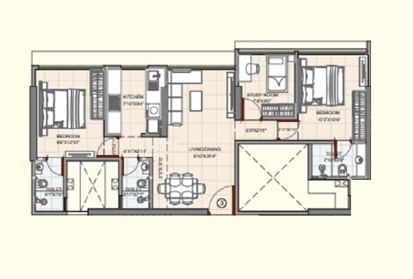 Floor plan of 3 BHK 975 Sq. Ft. Apartment in Bhoomi Pratishtha, Mumbai