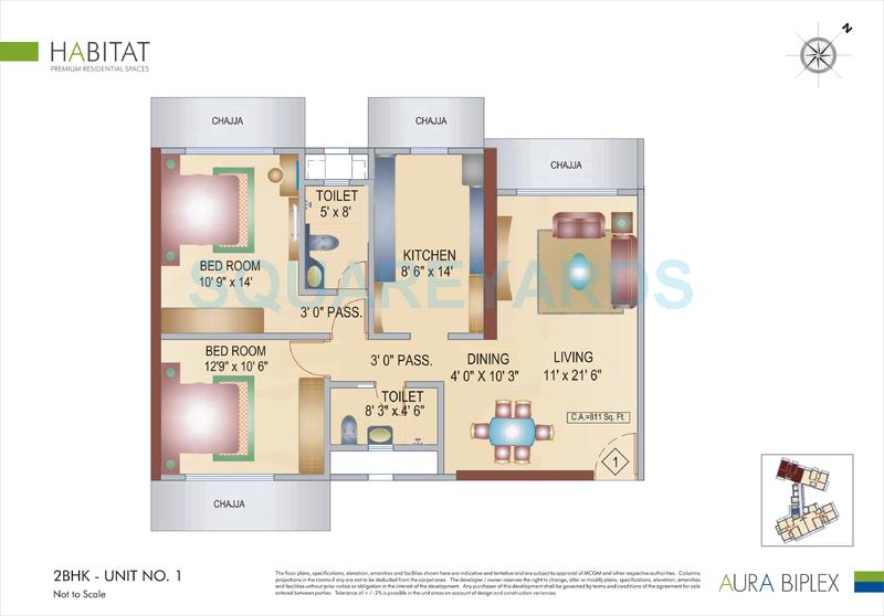 Floor plan of 2 BHK 811 Sq. Ft. Apartment in Bhoomi Realty Aura Biplex, Mumbai