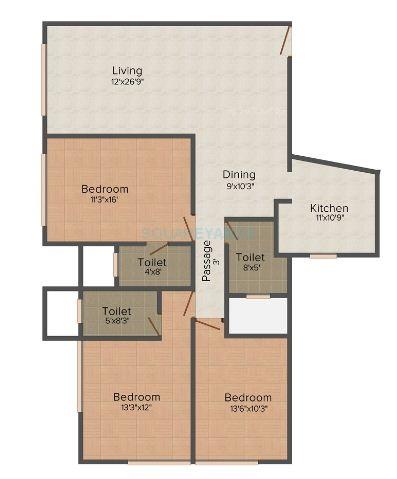 Floor plan of 3 BHK 1691 Sq. Ft. Apartment in Bhoomi Realty Aura Biplex, Mumbai