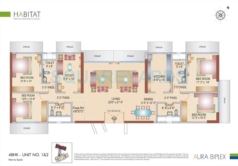 Floor plan of 4 BHK 1637 Sq. Ft. Apartment in Bhoomi Realty Aura Biplex, Mumbai