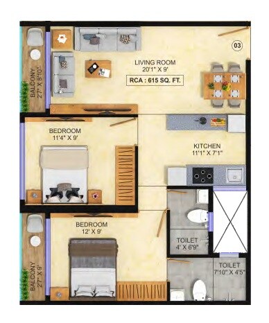 Floor plan of 2 BHK 615 Sq. Ft. Apartment in Bhoomi Sagar Manthan, Mumbai