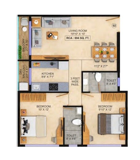 2 BHK 694 Sq. Ft. Apartment