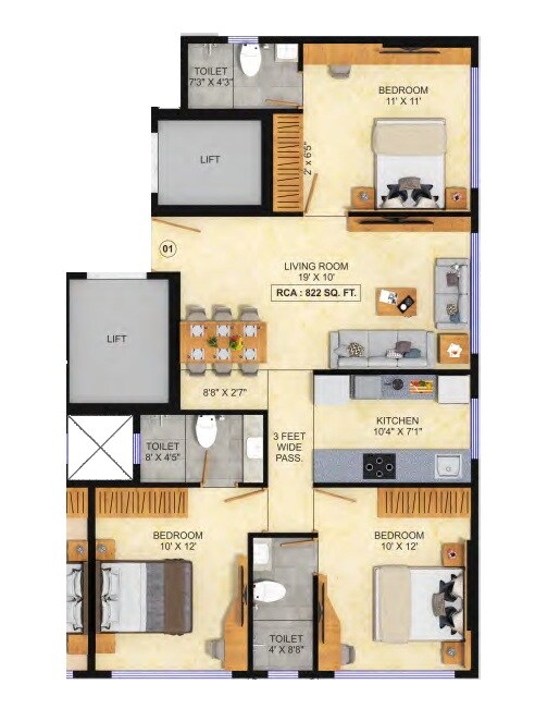 Floor plan of 3 BHK 822 Sq. Ft. Apartment in Bhoomi Sagar Manthan, Mumbai