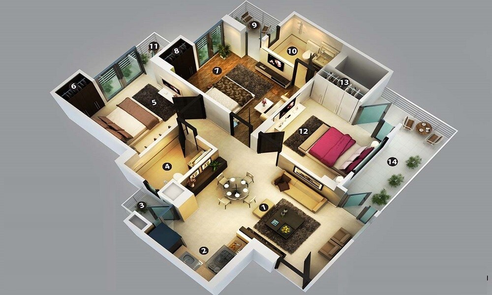 Floor plan of 3 BHK 1650 Sq. Ft. Apartment in Bhoomi Saraswati, Mumbai