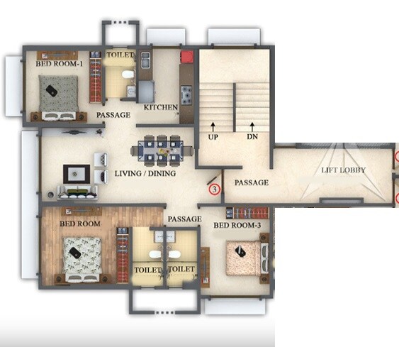 Floor plan of 3 BHK 895 Sq. Ft. Apartment in Bhoomi Shri Sadashiv CHSL, Mumbai