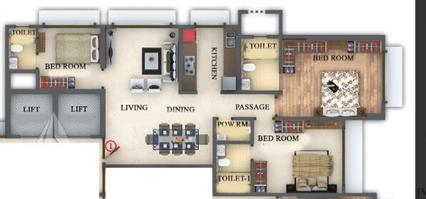 Floor plan of 3 BHK 940 Sq. Ft. Apartment in Bhoomi Shri Sadashiv CHSL, Mumbai
