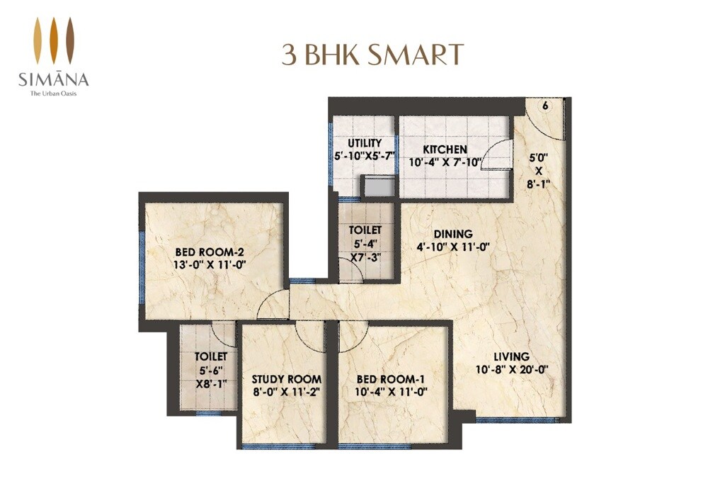 Floor plan of 3 BHK 1133 Sq. Ft. Apartment in Bhoomi Simana, Mumbai
