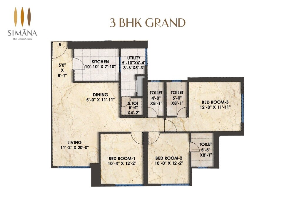Floor plan of 3 BHK 1455 Sq. Ft. Apartment in Bhoomi Simana, Mumbai