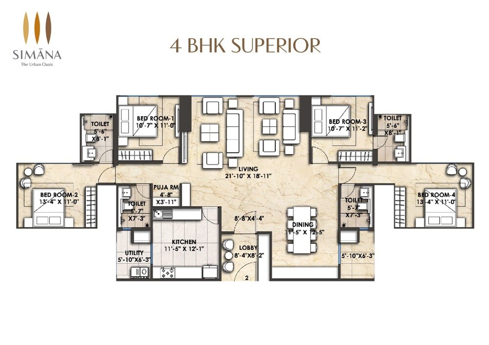 Floor plan of 4 BHK 1788 Sq. Ft. Apartment in Bhoomi Simana, Mumbai