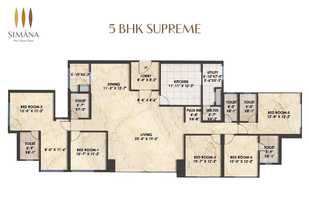 Floor plan of 5 BHK 2183 Sq. Ft. Apartment in Bhoomi Simana, Mumbai