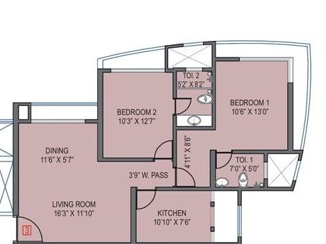 Floor plan of 2 BHK 1175 Sq. Ft. Apartment in Bhoomi Tower Santacruz East, Mumbai