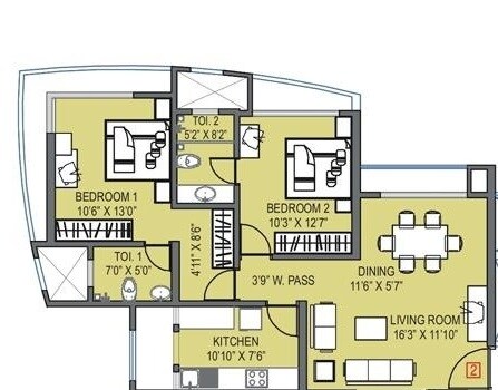 Floor plan of 3 BHK 1585 Sq. Ft. Apartment in Bhoomi Tower Santacruz East, Mumbai