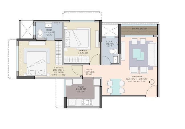 Floor plan of 2 BHK 782 Sq. Ft. Apartment in Bhutra Mangal Karini Sky Breeze, Mumbai