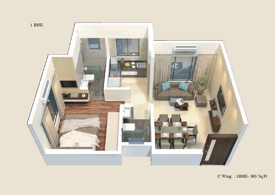 Floor plan of 1 BHK 366 Sq. Ft. Apartment in Bindra Legacy, Mumbai