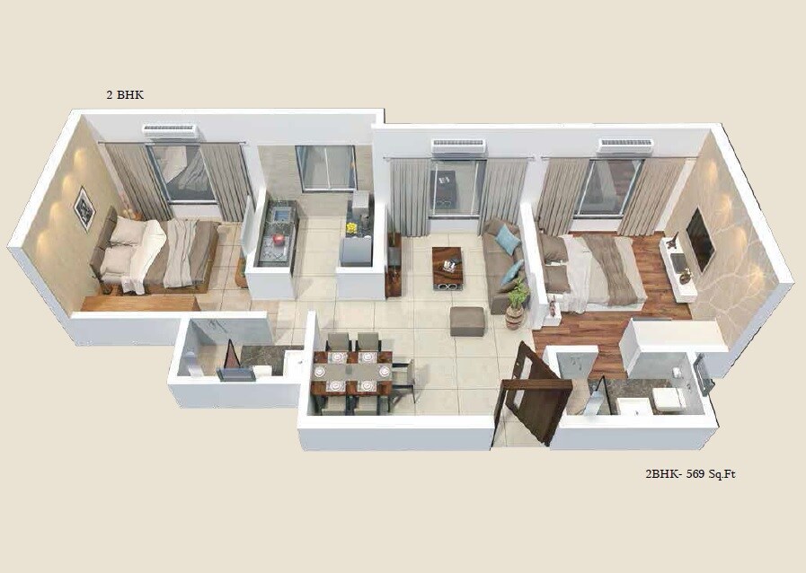 Floor plan of 2 BHK 569 Sq. Ft. Apartment in Bindra Legacy, Mumbai