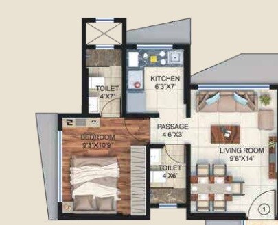 Floor plan of 1 BHK 366 Sq. Ft. Apartment in Bindra Sateri Legacy, Mumbai