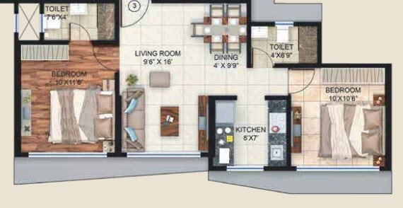 Floor plan of 2 BHK 569 Sq. Ft. Apartment in Bindra Sateri Legacy, Mumbai