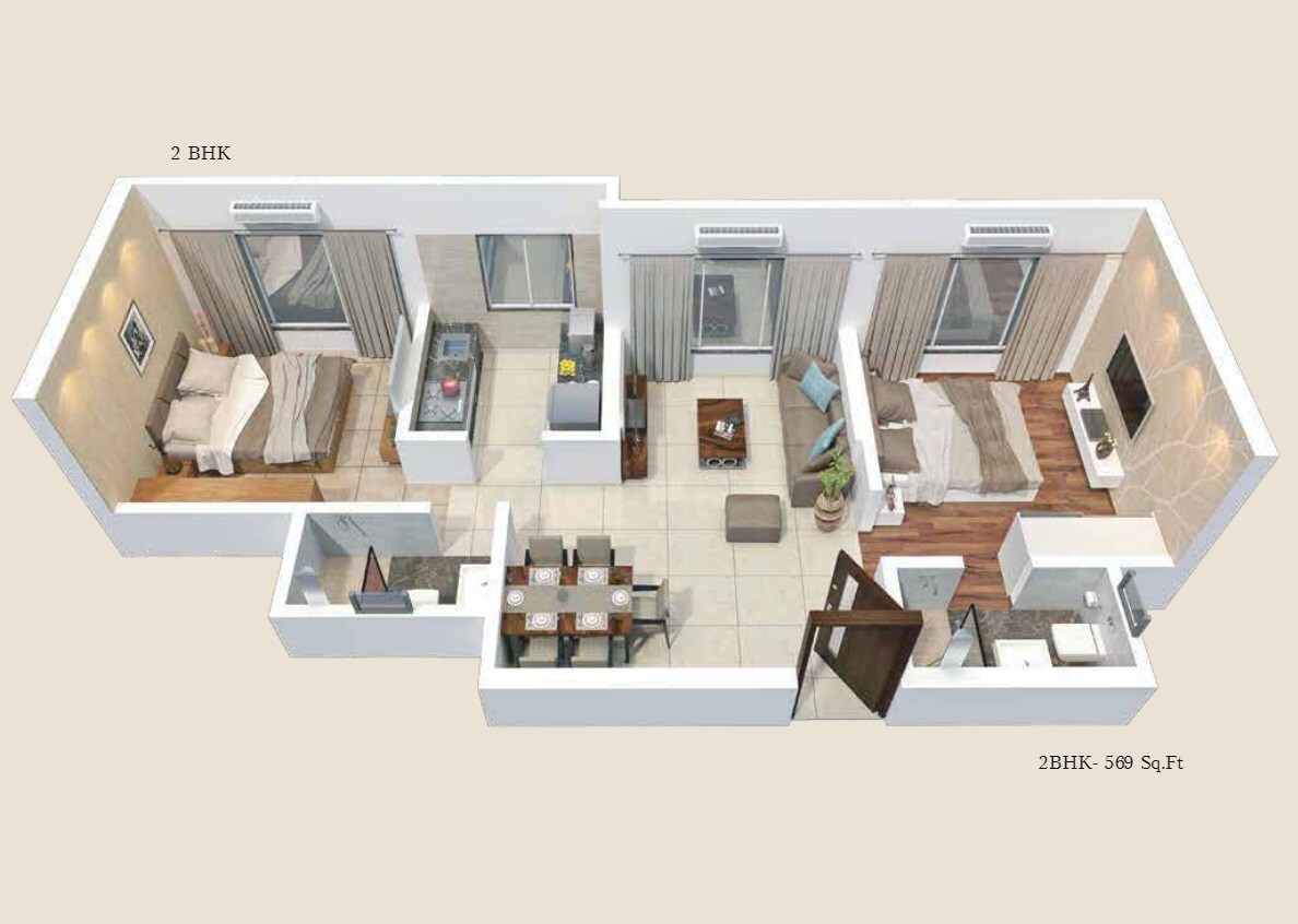 Floor plan of 2 BHK 637 Sq. Ft. Apartment in Bindra Sateri Legacy, Mumbai