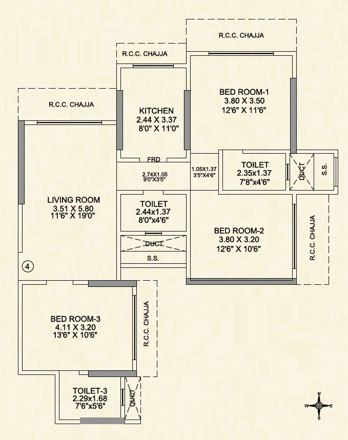 Floor plan of 3 BHK 1257 Sq. Ft. Apartment in Blackplinth The Shivram CHS, Mumbai