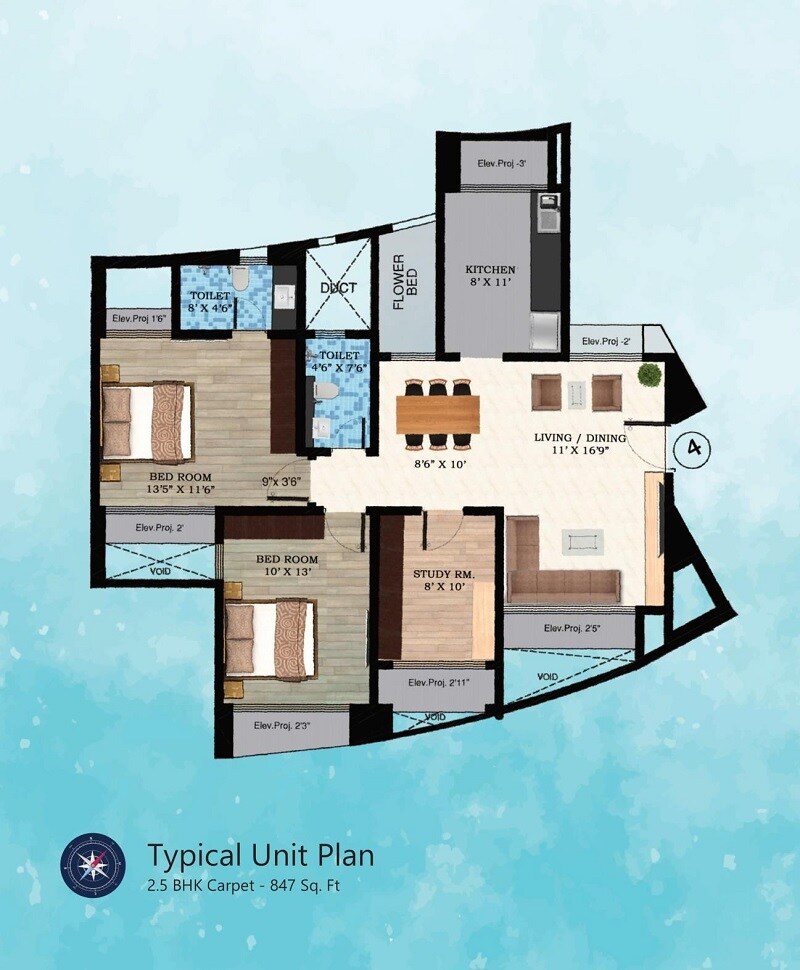 Floor plan of 2 BHK 847 Sq. Ft. Apartment in Blue Mountains, Mumbai