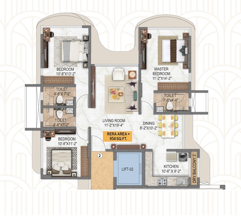 Floor plan of 3 BHK 954 Sq. Ft. Apartment in Sawla Palazzo 90, Mumbai