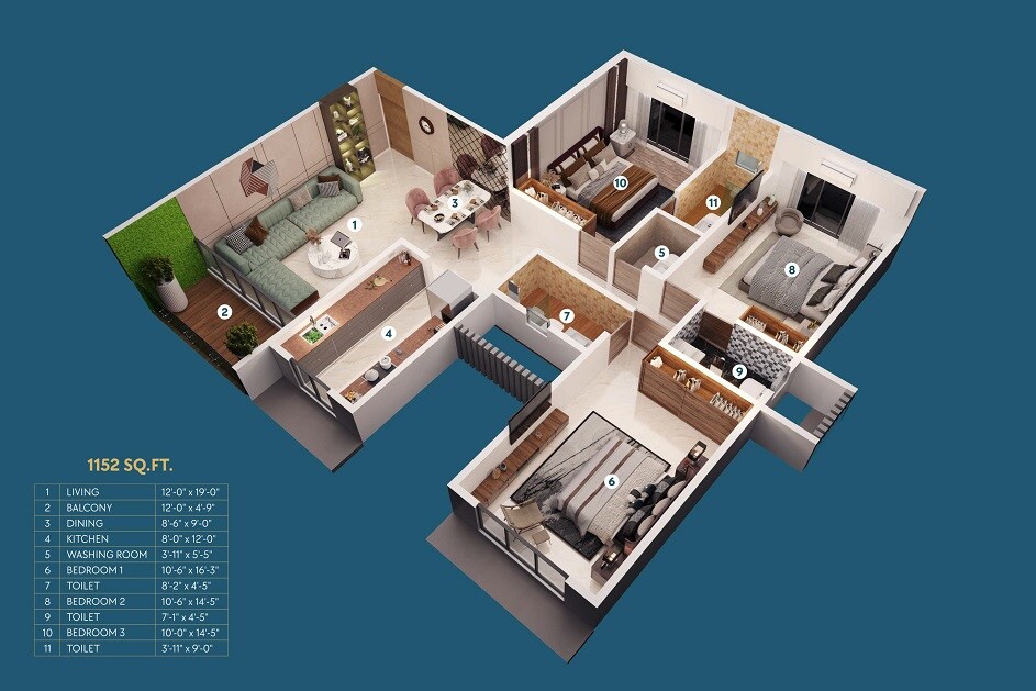 3 BHK 1152 Sq. Ft. Apartment