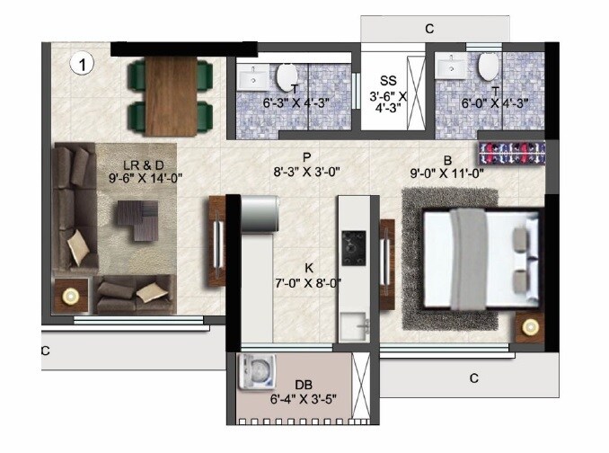 Floor plan of 1 BHK 424 Sq. Ft. Apartment in Blumen Apartments, Mumbai