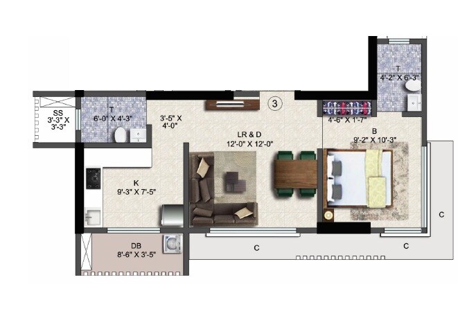 Floor plan of 1 BHK 450 Sq. Ft. Apartment in Blumen Apartments, Mumbai