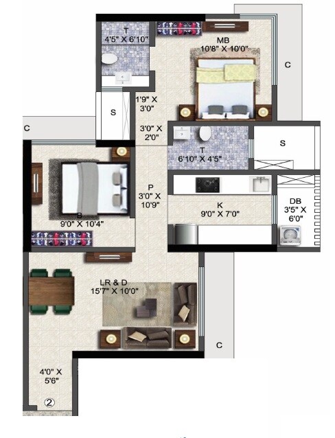 Floor plan of 2 BHK 600 Sq. Ft. Apartment in Blumen Apartments, Mumbai