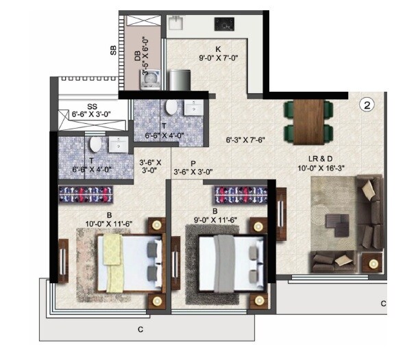 Floor plan of 2 BHK 645 Sq. Ft. Apartment in Blumen Apartments, Mumbai