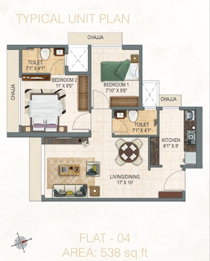 Floor plan of 2 BHK 538 Sq. Ft. Apartment in BM Satyam Solaris, Mumbai