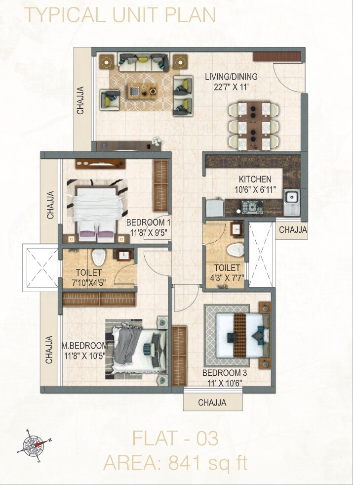 Floor plan of 3 BHK 841 Sq. Ft. Apartment in BM Satyam Solaris, Mumbai