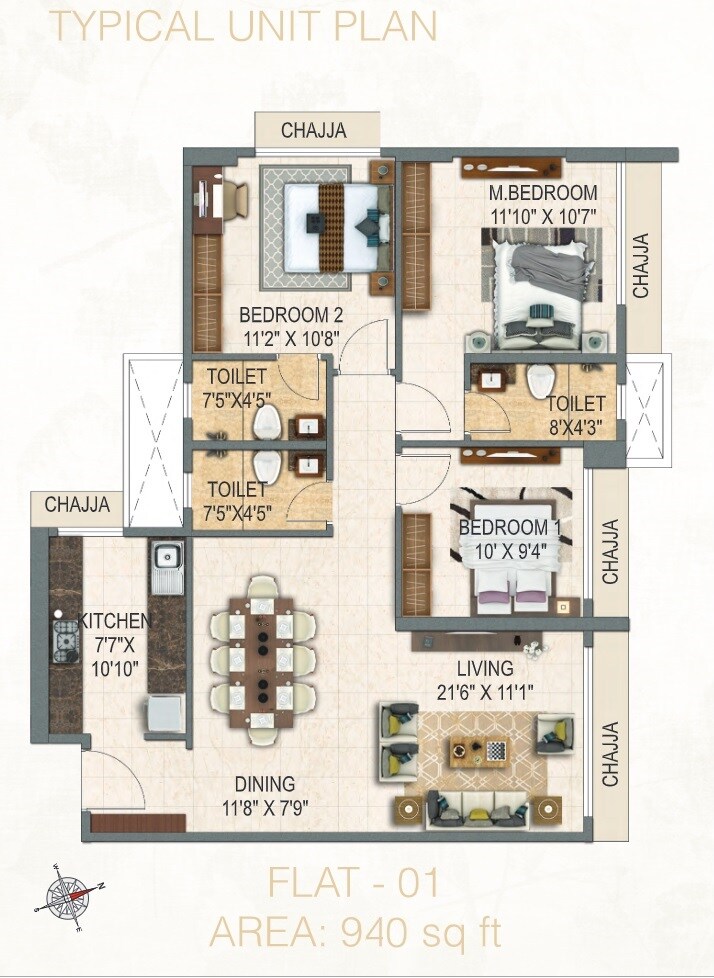 Floor plan of 3 BHK 940 Sq. Ft. Apartment in BM Satyam Solaris, Mumbai