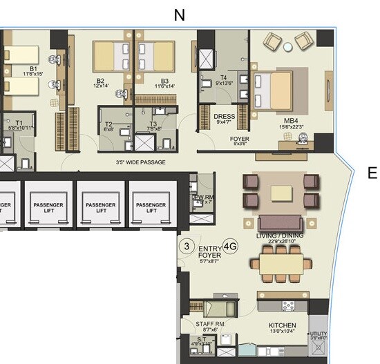 Floor plan of 4 BHK 2523 Sq. Ft. Apartment in Bombay Realty Island City Center, Mumbai