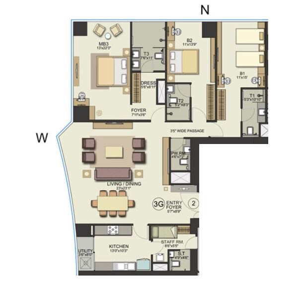 Floor plan of 3 BHK 1955 Sq. Ft. Apartment in Bombay Realty One ICC, Mumbai