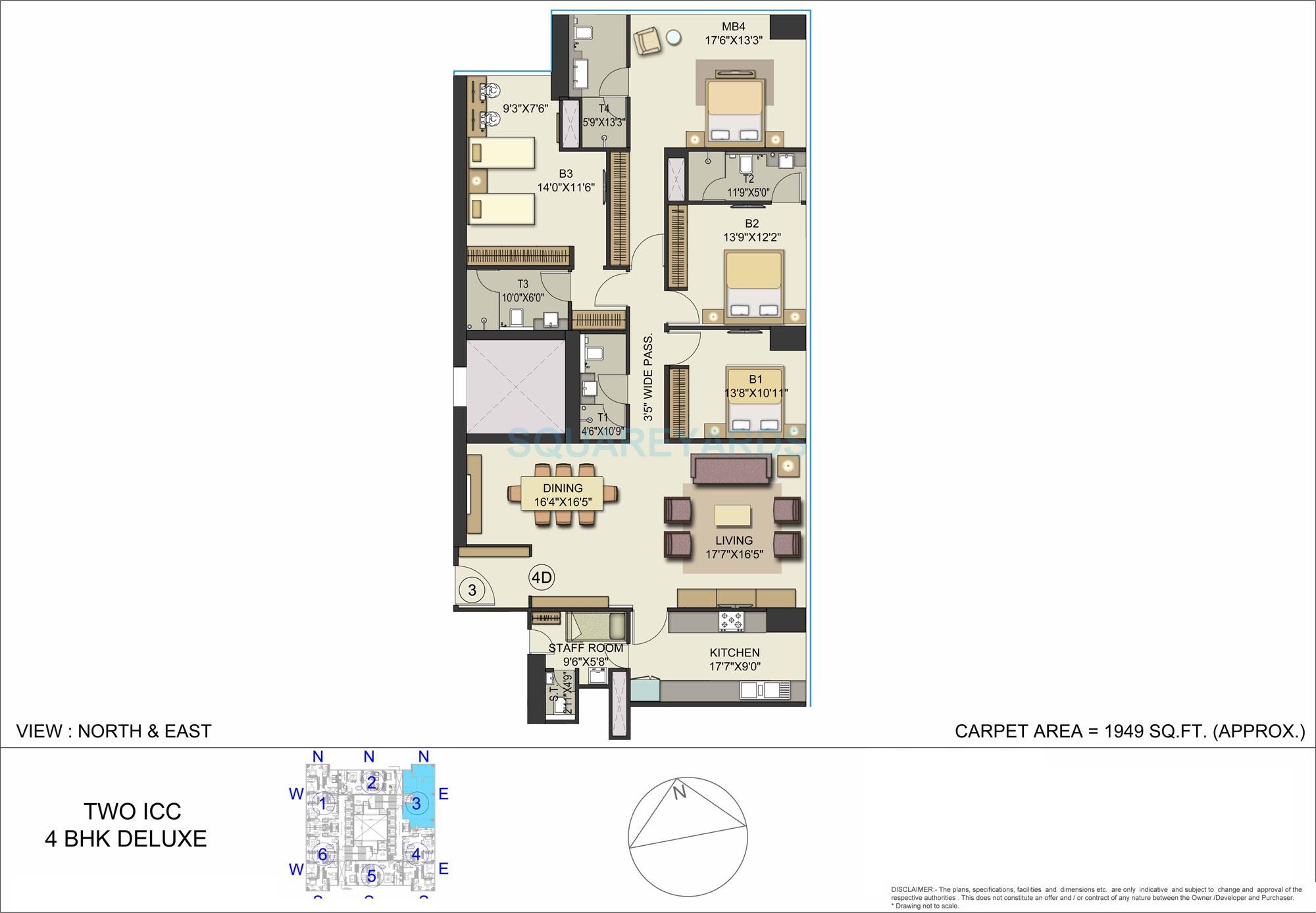 Floor plan of 4 BHK 1949 Sq. Ft. Apartment in Bombay Realty One ICC, Mumbai