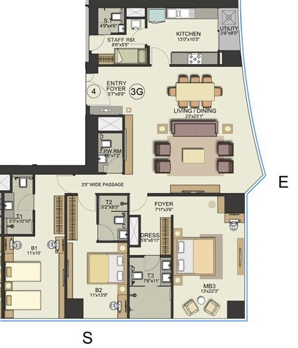 Floor plan of 3 BHK 1655 Sq. Ft. Apartment in Bombay Realty Two ICC, Mumbai