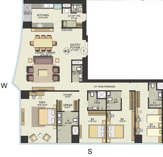 Floor plan of 4 BHK 2117 Sq. Ft. Apartment in Bombay Realty Two ICC, Mumbai