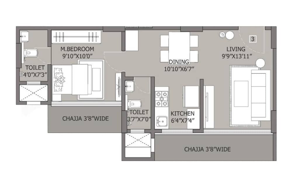 Floor plan of 1 BHK 410 Sq. Ft. Apartment in Bombay Skypark Residences, Mumbai