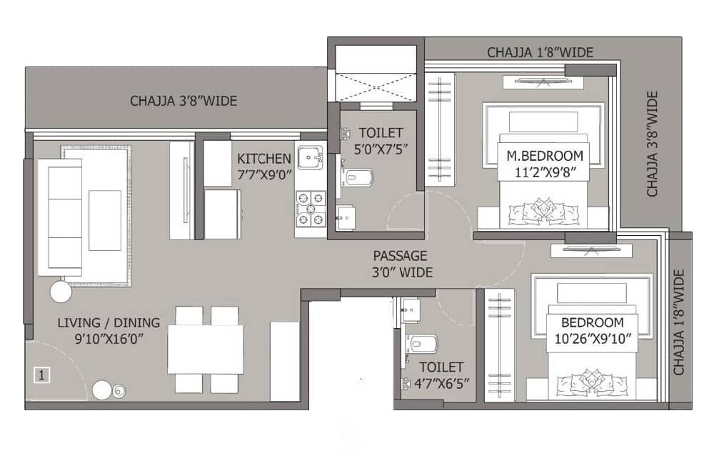 Floor plan of 2 BHK 652 Sq. Ft. Apartment in Bombay Skypark Residences, Mumbai