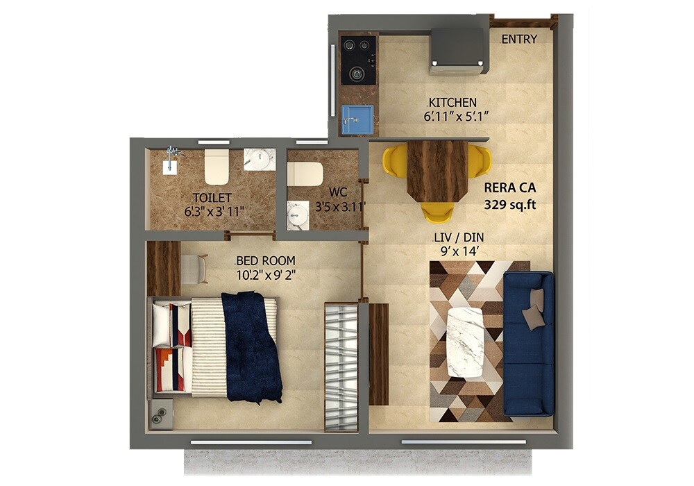 Floor plan of 1 BHK 330 Sq. Ft. Apartment in Bombay Slum Orchid Residency, Mumbai