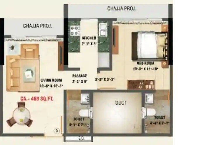 Floor plan of 1 BHK 469 Sq. Ft. Apartment in Brand One, Mumbai