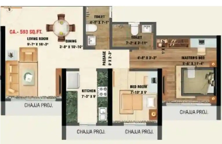 2 BHK 593 Sq. Ft. Apartment