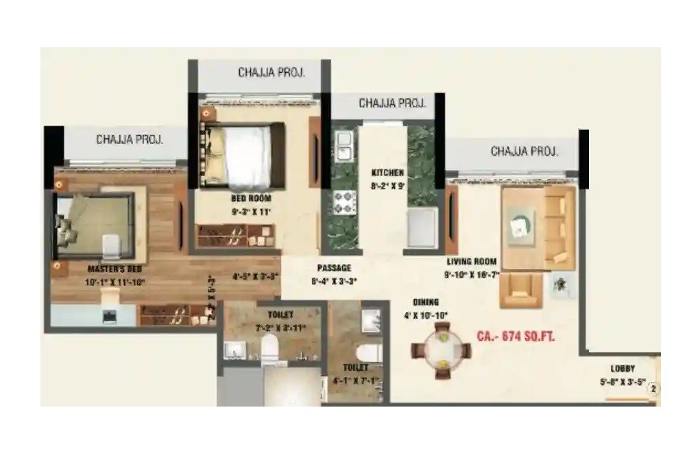 Floor plan of 2 BHK 674 Sq. Ft. Apartment in Brand One Wadala, Mumbai