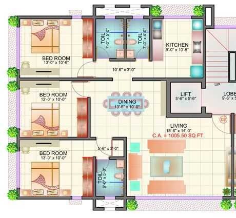Floor plan of 3 BHK Apartment - 1008 sq. ft. in Bucon Silver Apartment, Mumbai