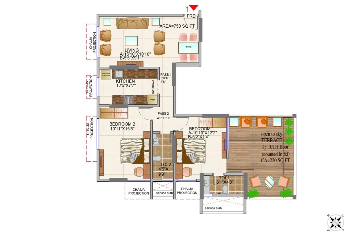 Floor plan of 2 BHK 750 Sq. Ft. Apartment in Buildarch Daffodil, Mumbai