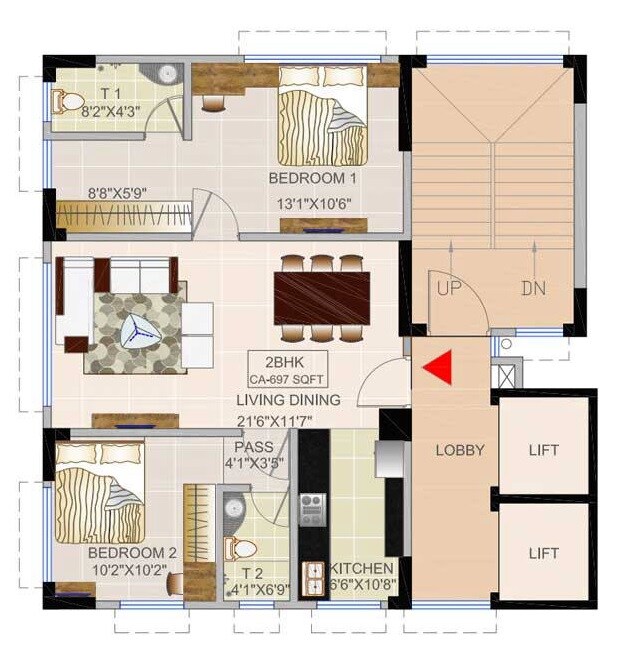 Floor plan of 2 BHK 697 Sq. Ft. Apartment in Buildarch Daisy, Mumbai